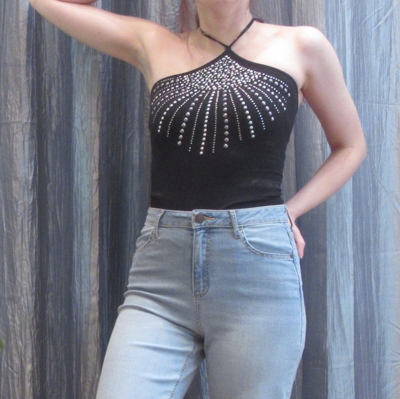 90's Studded Halter Neck Tie Back Tube Top - Picture 1 of 4